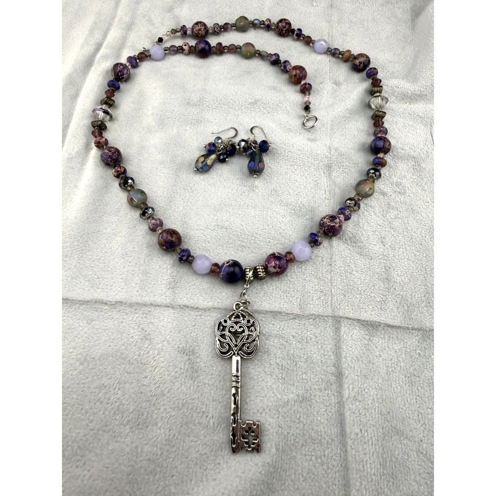 Vintage Key Necklace Beaded Earrings Set Purple Silver Tone 30"